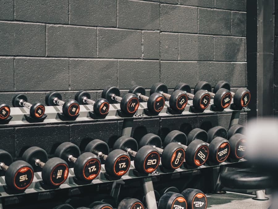 A two-tier rack of dumbbells against a grey block wall in a gym